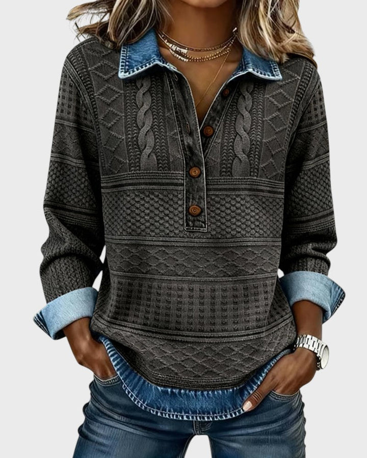 Elise | Halenka s efektem pleteniny a džínovými detaily