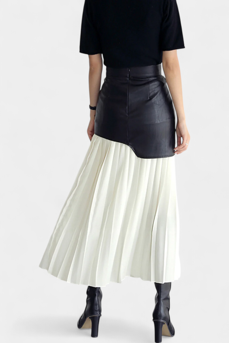 Noelle | Asymetrická maxi sukně z šifonu a syntetické kůže