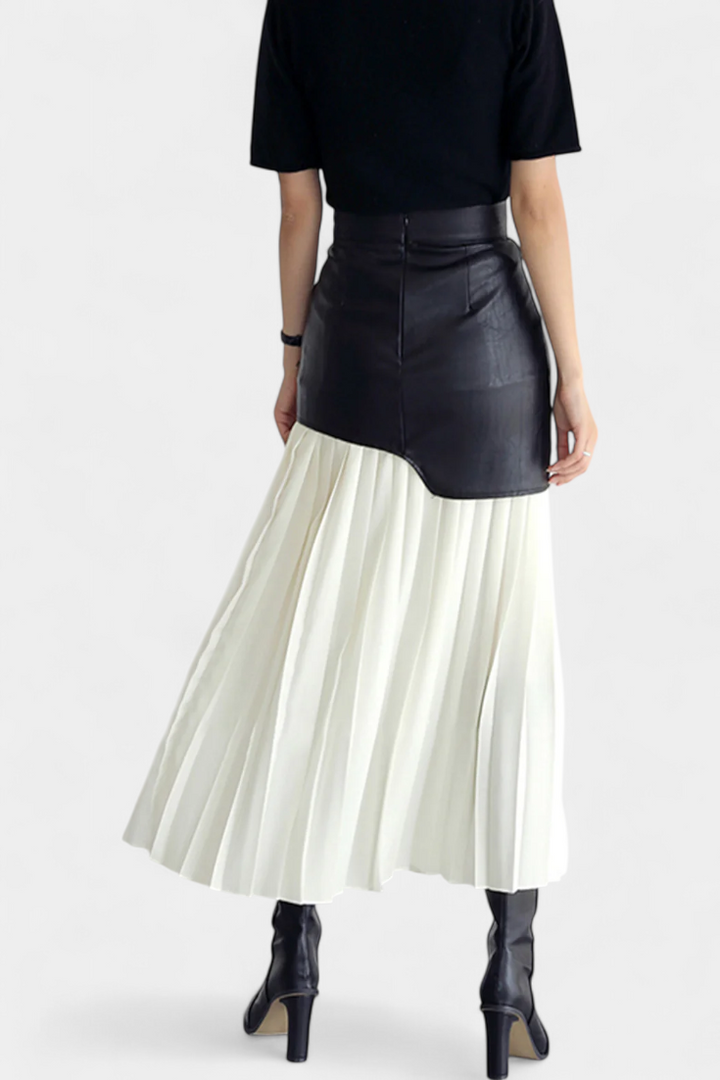 Noelle | Asymetrická maxi sukně z šifonu a syntetické kůže