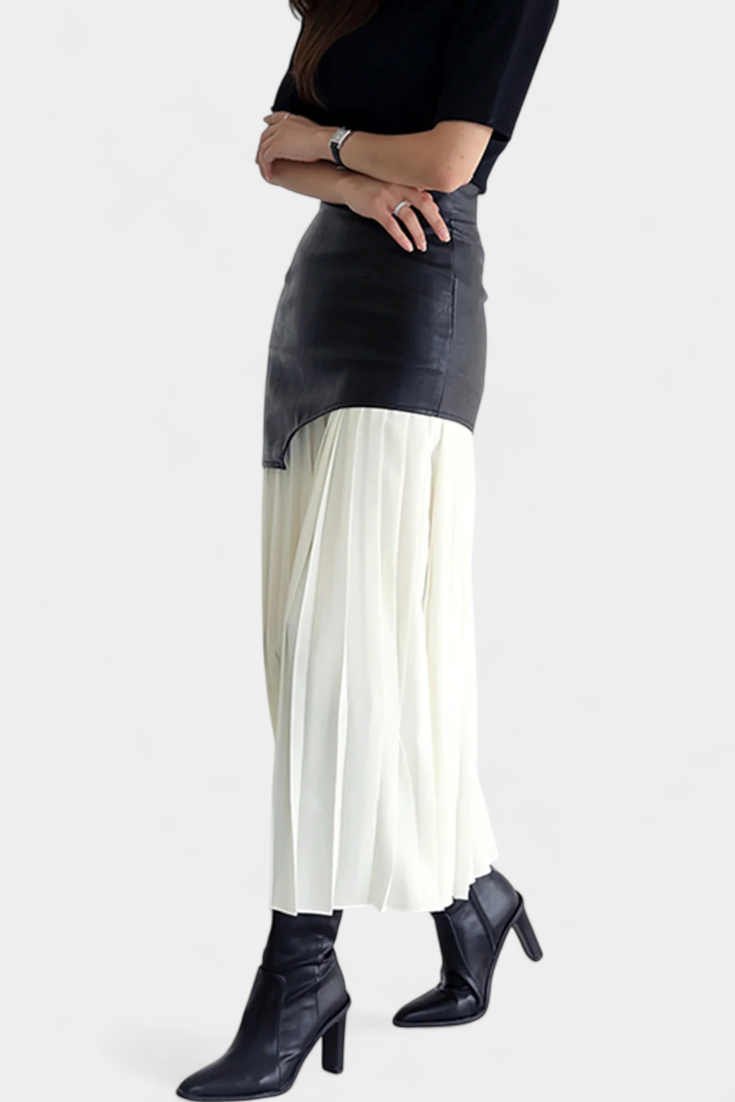 Noelle | Asymetrická maxi sukně z šifonu a syntetické kůže