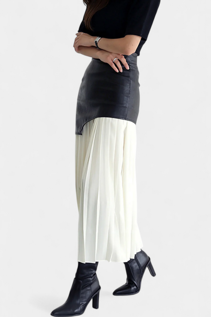 Noelle | Asymetrická maxi sukně z šifonu a syntetické kůže