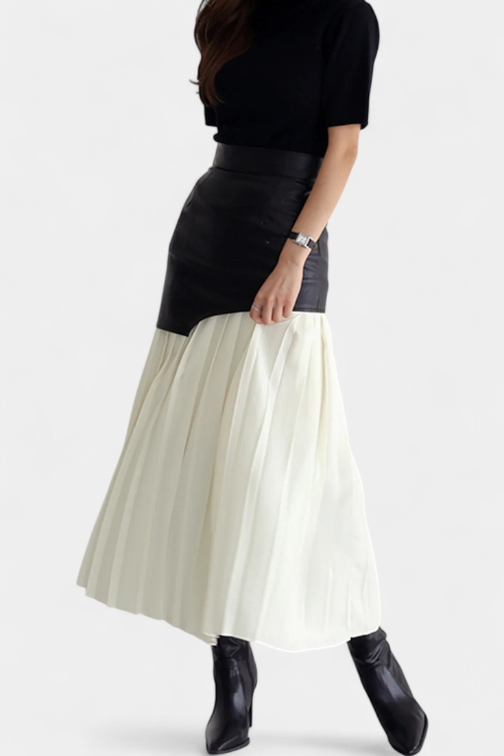 Noelle | Asymetrická maxi sukně z šifonu a syntetické kůže