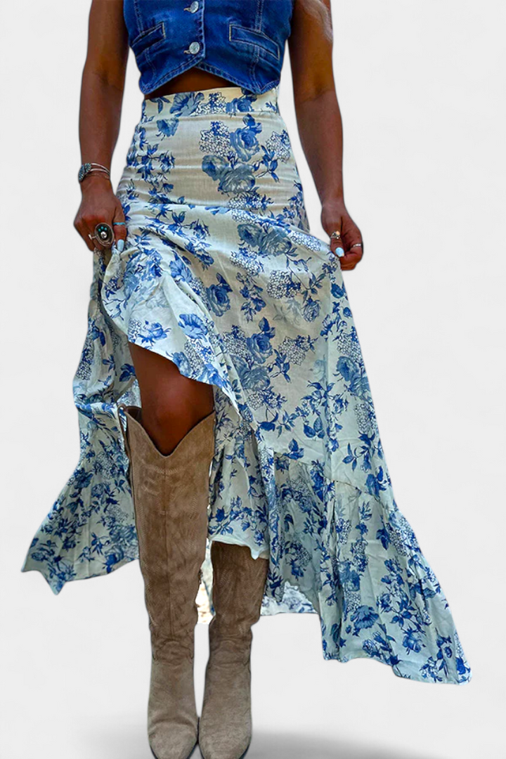 Karen | Maxi květinová sukně s rozparkem a volánky