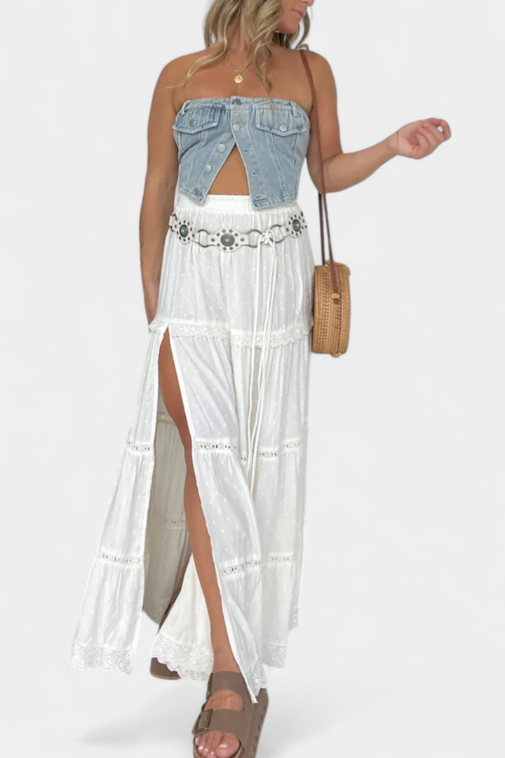 Dola | Maxi boho sukně s krajkou a předním rozparkem