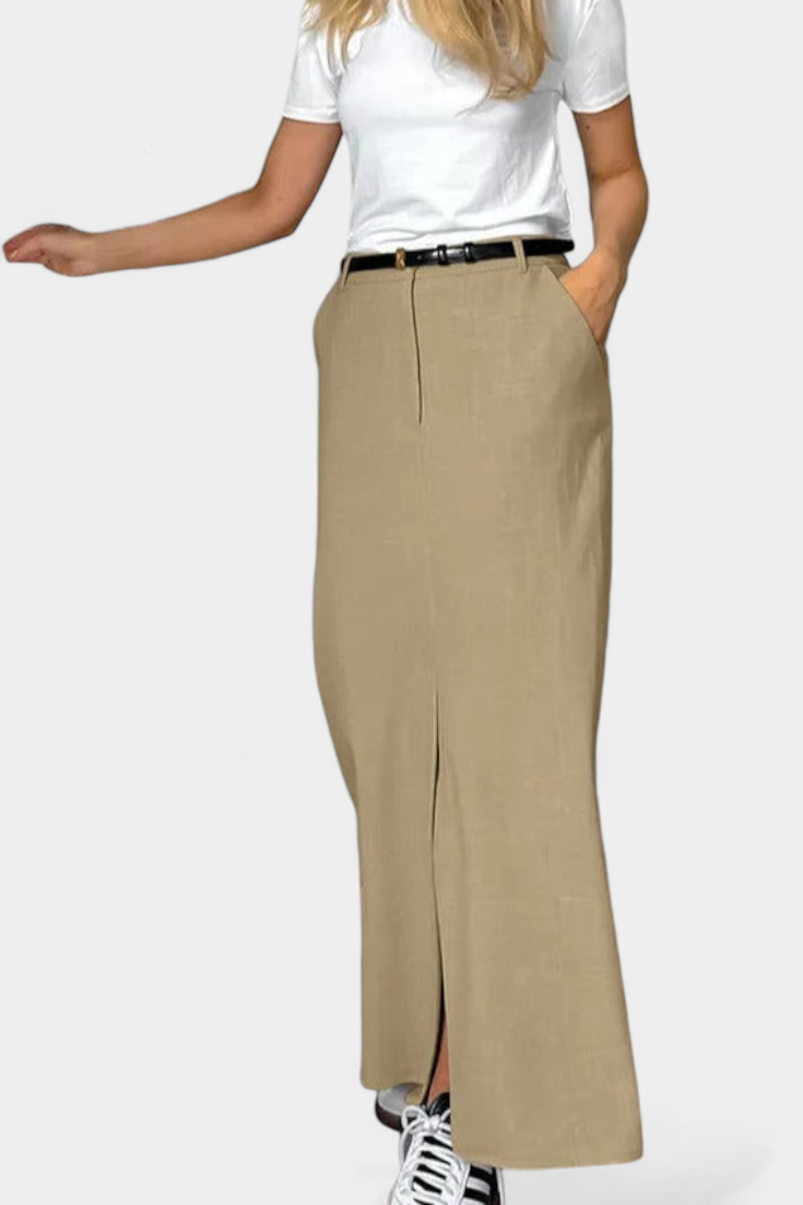 Amani | Dlouhá sukně s vysokým pasem, předním rozparkem a rovným střihem