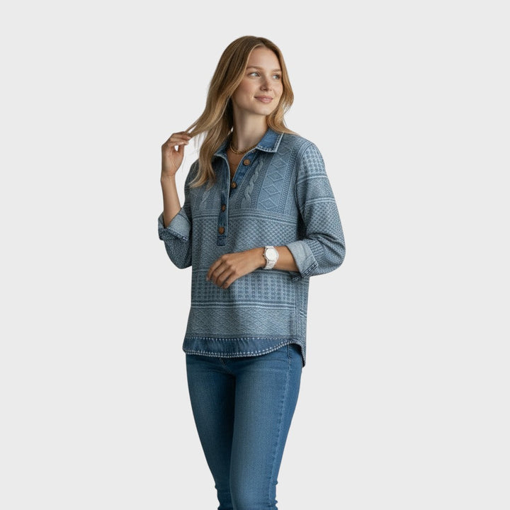 Elise | Halenka s efektem pleteniny a džínovými detaily